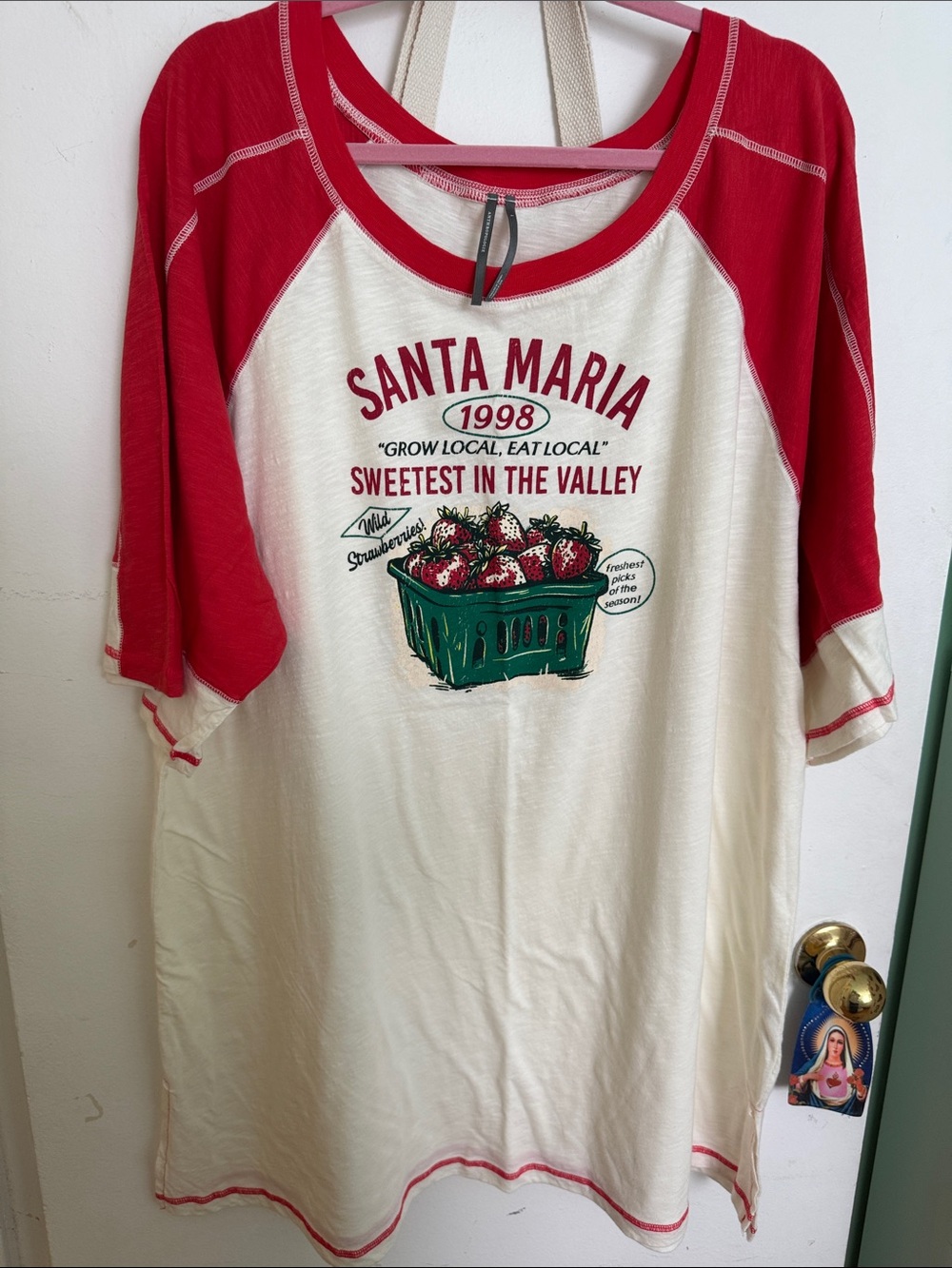 Anthropologie Cream and Red Raglan Strawberry Graphic Tee